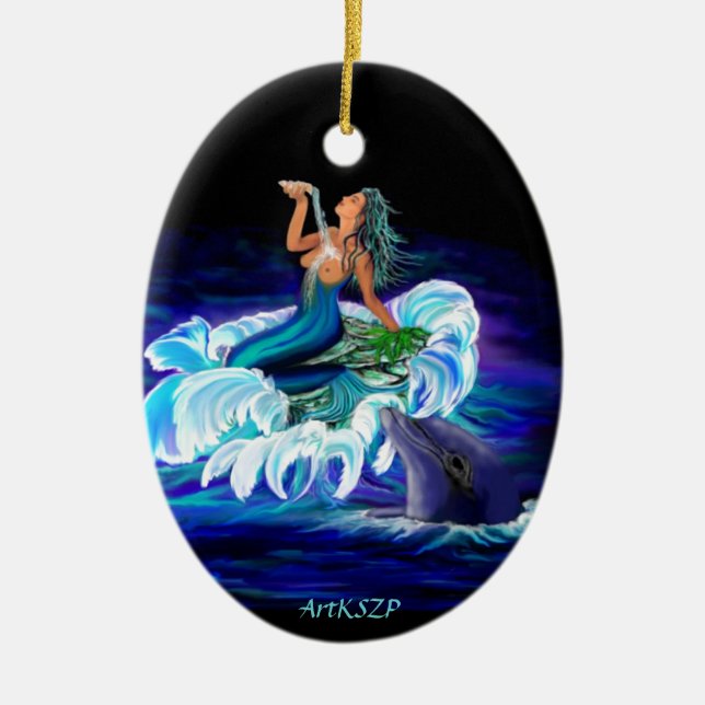 Mermaid with Dolphin Ceramic Ornament (Front)