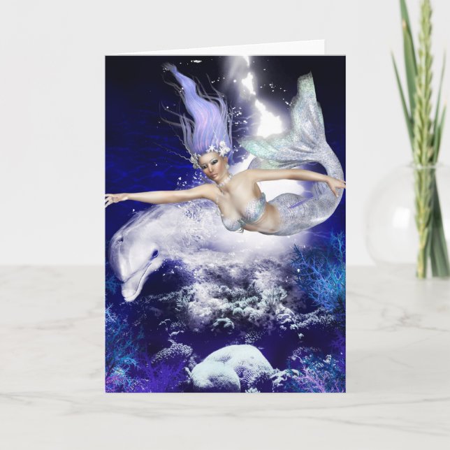Mermaid with Dolphin Greeting Card (Front)