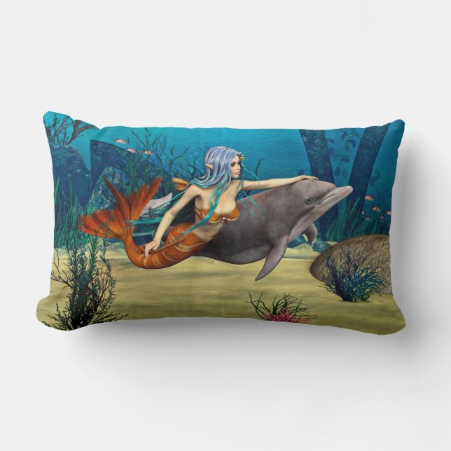 Mermaid with Dolphin Lumbar Pillow (Front)