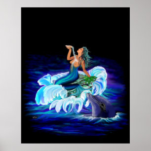 Mermaid with Dolphin Poster