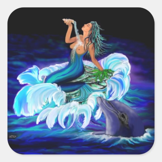 Mermaid with Dolphin Square Sticker (Front)