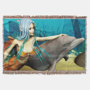 Mermaid with Dolphin Throw Blanket