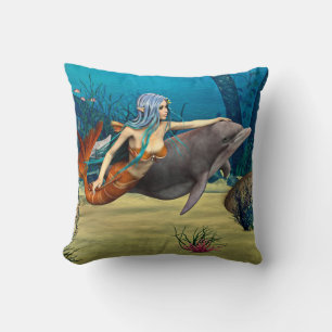 Mermaid with Dolphin Throw Pillow
