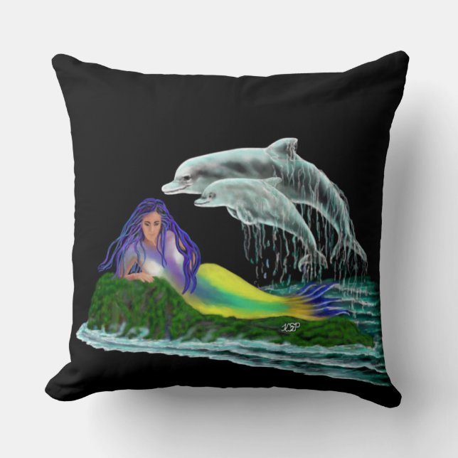 Mermaid with Dolphins Throw Pillow (Front)