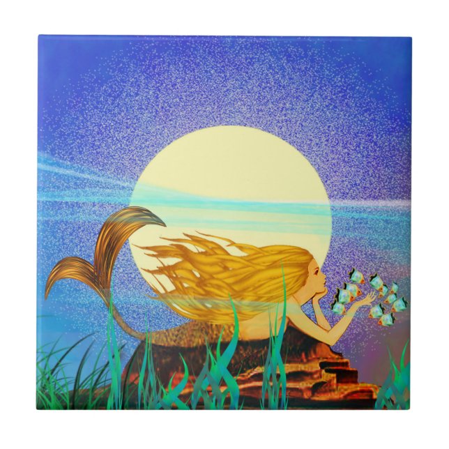 Mermaid with Fish and Moon Tile (Front)
