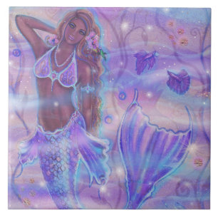 Mermaid with fish art by Renee Lavoie Ceramic Til Tile