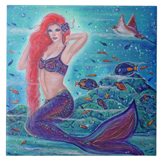 Mermaid with fish art by Renee Lavoie  Tile (Front)
