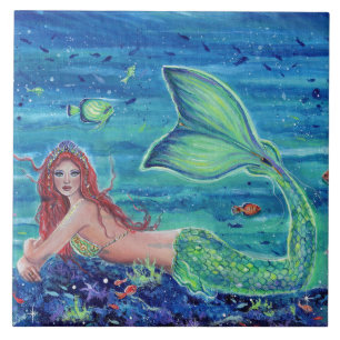 Mermaid with fish art by Renee Lavoie Tile