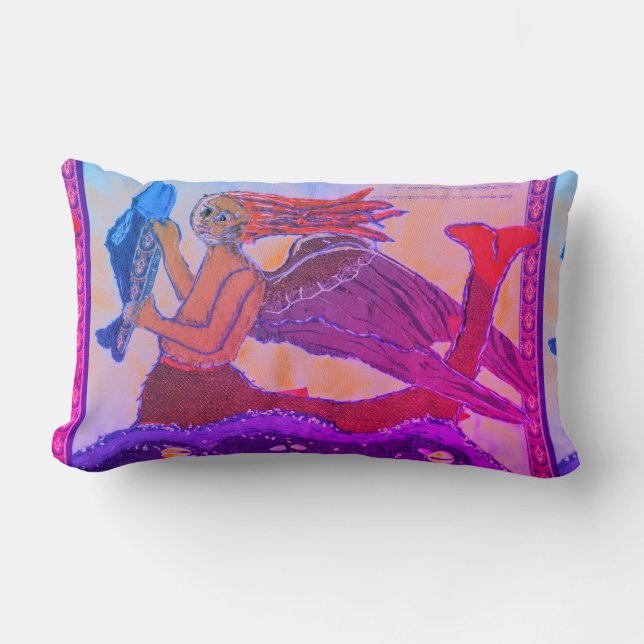 Mermaid with fish in pink and green lumbar pillow (Front)