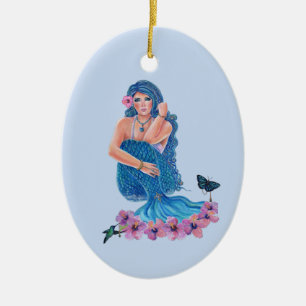 mermaid with flowers and hummingbird art by Renee Ceramic Ornament