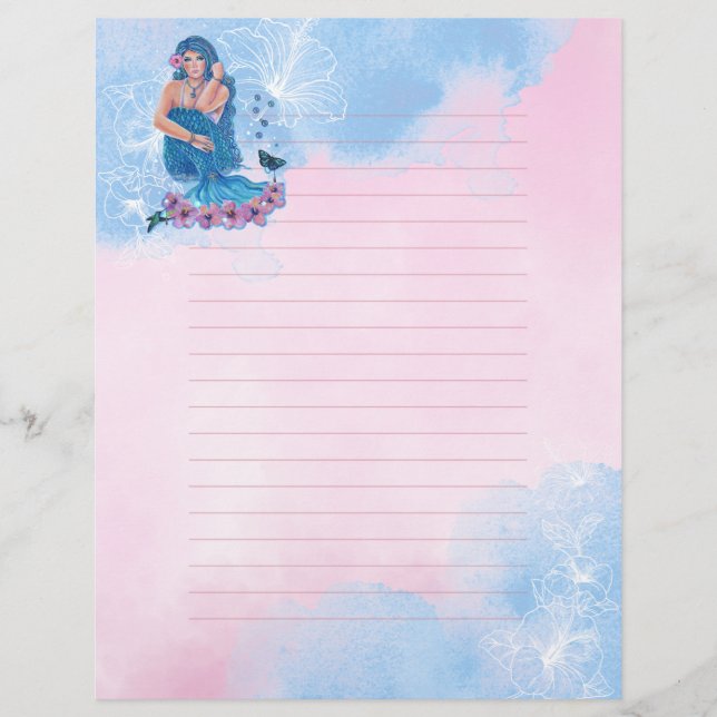 Mermaid with flowers art by Renee Lavoie Letterhead (Front)