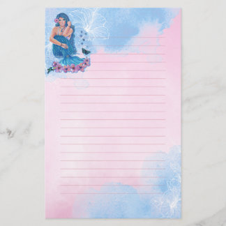 Mermaid with flowers art by Renee Lavoie Stationery