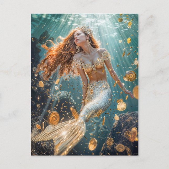 Mermaid with Golden Tail and coins in Sunlight Holiday Postcard (Front)