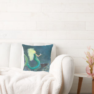 Mermaid with her pearl cushion throw pillow