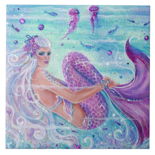 Mermaid with jellyfish art by Renee Lavoie Tile