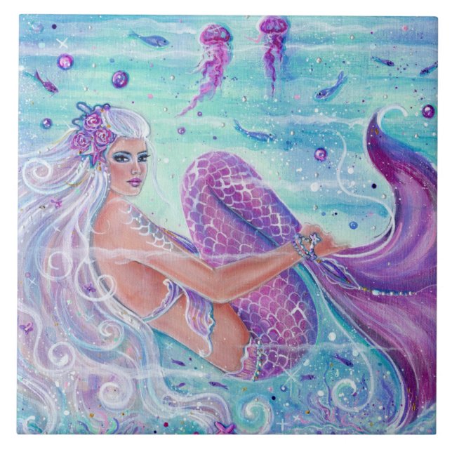 Mermaid with jellyfish art by Renee Lavoie Tile (Front)