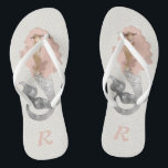 Mermaid with Pink Hair and Monogram Flip Flops<br><div class="desc">Calling all mermaids! This feminine design features a beautiful mermaid with long wavy pink hair floating over a matching neutral grey abstract dots pattern. Personalize with your monogram for an awesome pair of personalized flip flops. These make great bridesmaid gifts for beach or destination weddings.</div>