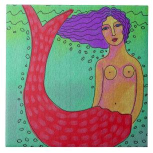 Mermaid with Purple Hair Abstract Digital Painting Tile