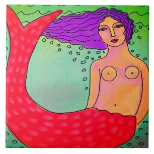 Mermaid with Purple Hair Abstract Painting Tile