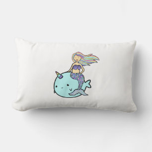 Mermaid with Rainbow Hair Riding Pet Narwal Lumbar Pillow