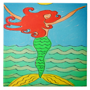 Mermaid with Red Hair Abstract Painting Tile
