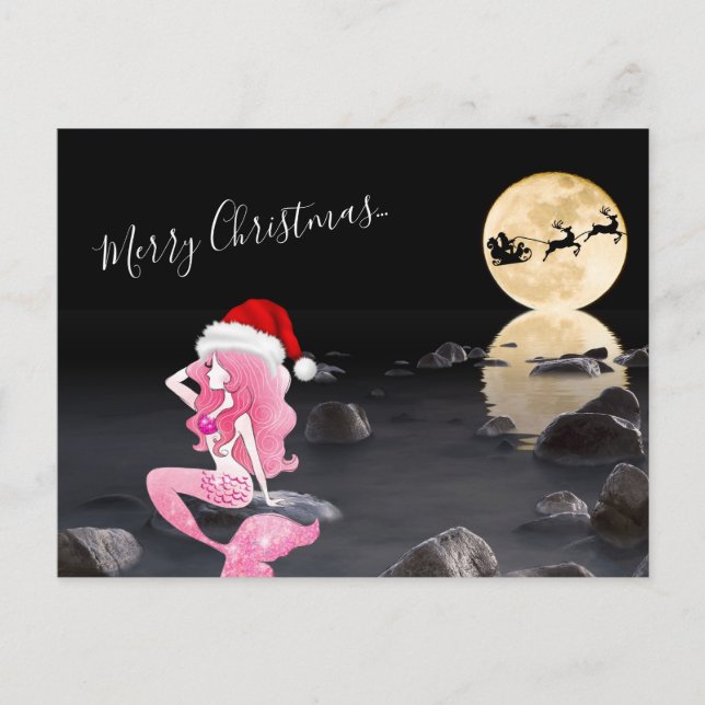 Mermaid with Santa and Sleigh Merry Christmas Holiday Postcard (Front)