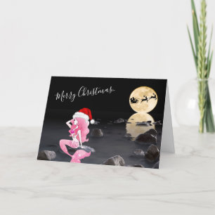 Mermaid with Santa Hat Full Moon Merry Christmas Holiday Card