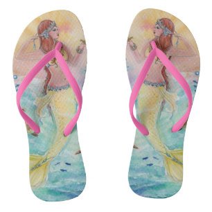 Mermaid with sea turtle art by Renee Lavoie Flip Flops