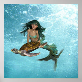 Mermaid with Sea Turtle Poster