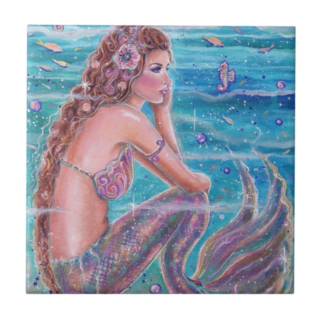 Mermaid with seahorses art by Renee Lavoie Tile (Front)