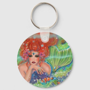 Mermaid with tropical fish art by Renee Lavoie   Keychain