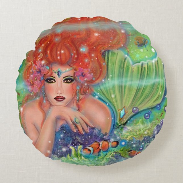 Mermaid with tropical fish art by Renee Lavoie  Th Round Pillow (Front)