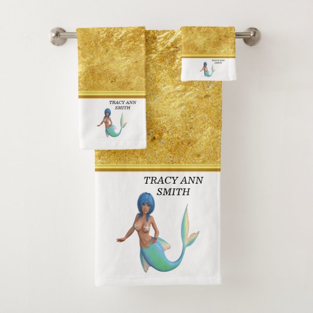 Mermaid with turquoise hair and tail bath towel set (Insitu)