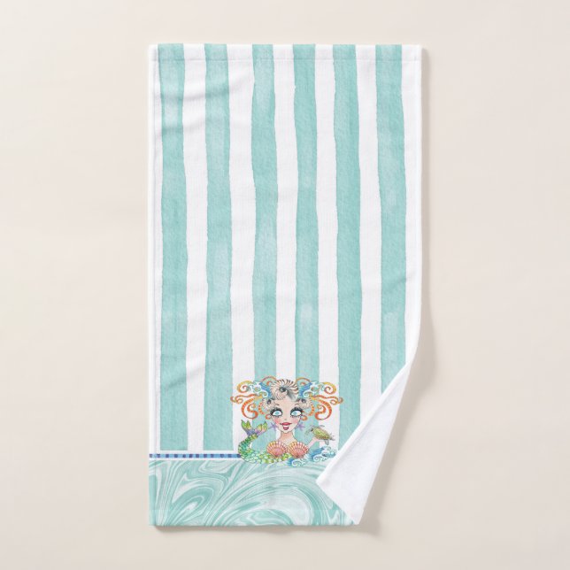 Mermaid with Turtle and Blue Stripes Hand Towel (Hand Towel)