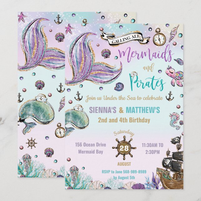 Mermaids and Pirates Joint Birthday Under the Sea Invitation (Front/Back)