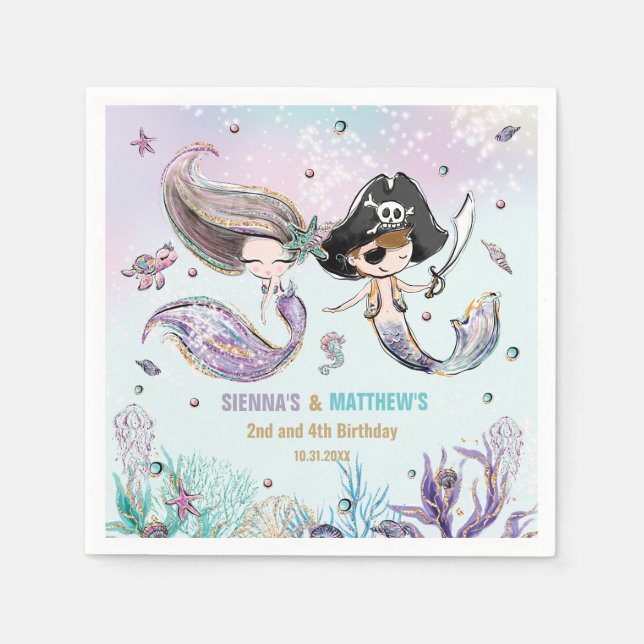 Mermaids and Pirates Under the Sea Joint Birthday Napkin (Front)