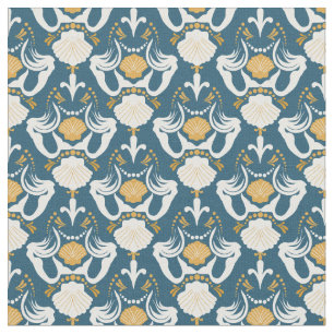 Mermaids and Seashells Damask Pattern Fabric
