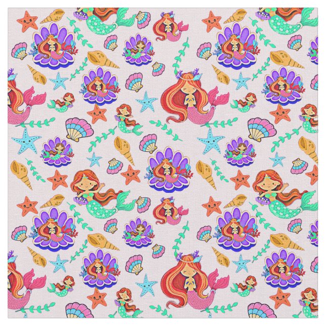 Mermaids and Shells Fabric (Close Up)