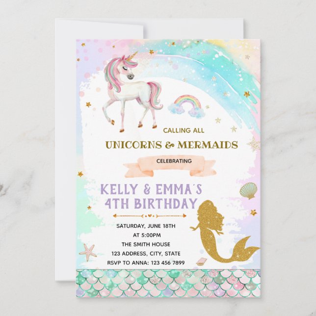 Mermaids and unicorn joint birthday invitation (Front)