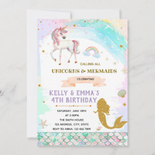 Mermaids and unicorn joint birthday invitation