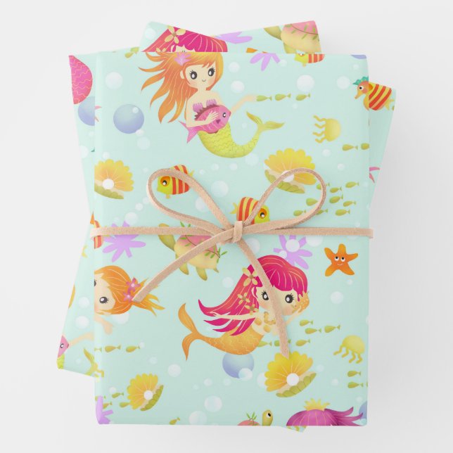 Mermaids Blue  Wrapping Paper Sheet (In situ)