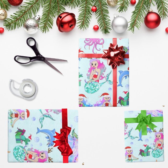 Mermaids Celebrating Christmas With Friends Wrapping Paper (Creator Uploaded)