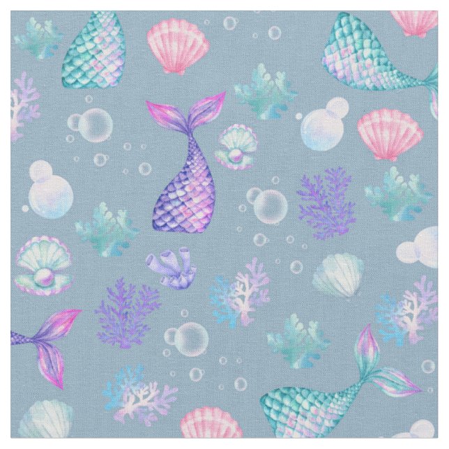 Mermaids Dream on Grey-Blue Fabric (Close Up)