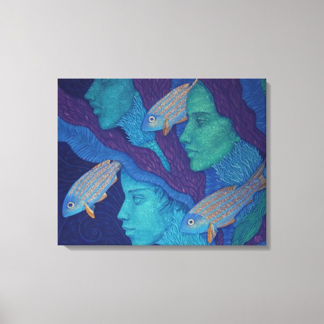 Mermaids & fish, surreal fantasy art, underwater canvas print (Front)
