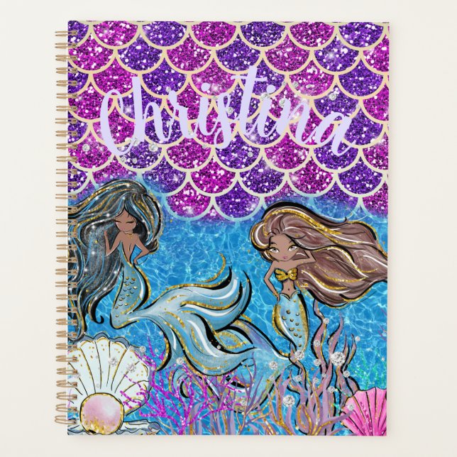 Mermaids Glitter Illustration with Tail Scales Planner (Front)