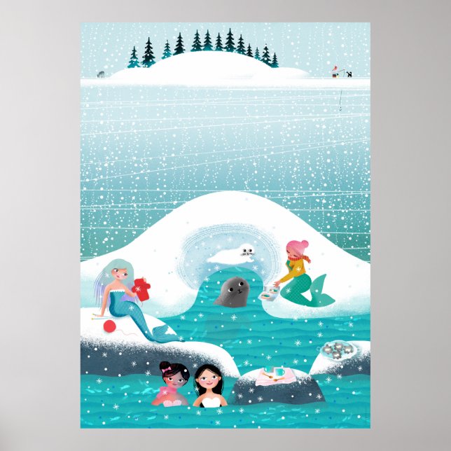 Mermaids having a picnic with a seal and baby poster (Front)