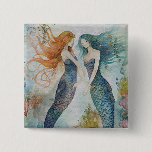 Mermaids in Watercolor 2 Inch Square Button