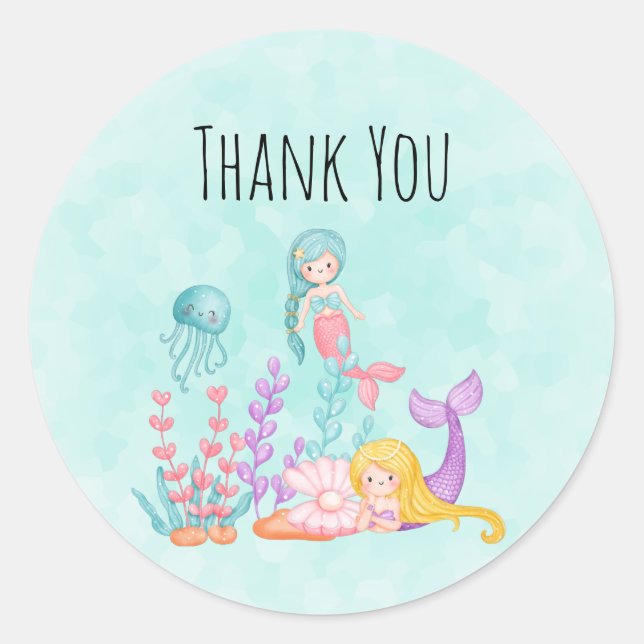 Mermaids & Jellyfish Under the Sea Watercolor Classic Round Sticker (Front)