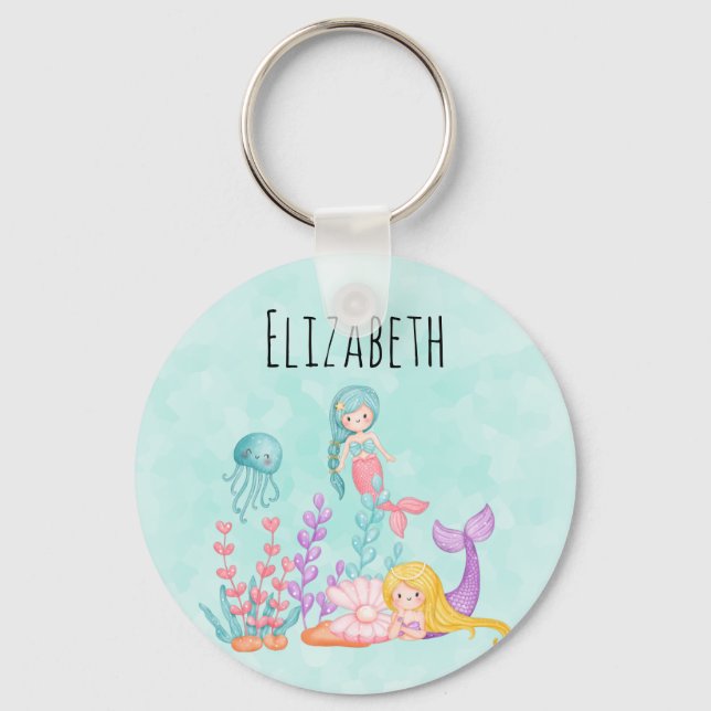 Mermaids & Jellyfish Under the Sea Watercolor Keychain (Front)