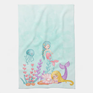 Mermaids & Jellyfish Under the Sea Watercolor Kitchen Towel